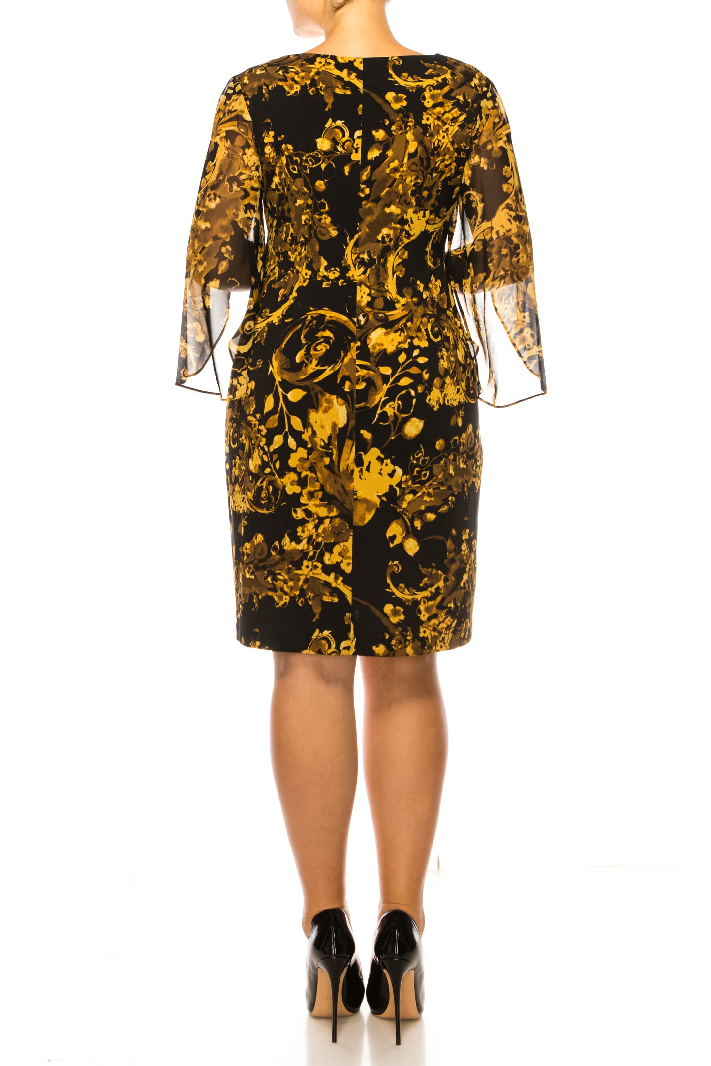Connected Apparel Floral Sheer Sleeve Sheath Dress