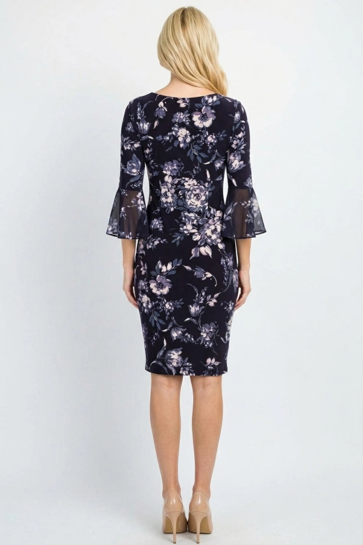 Connected Apparel Eggplant Floral Side-Tie Sheath Dress with Chiffon Bell Sleeves