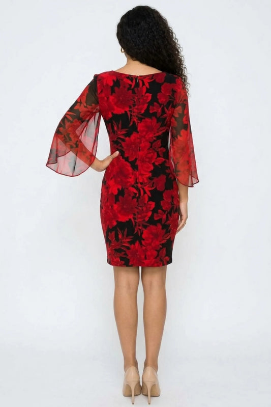 Connected Apparel Red Floral Sheath Dress