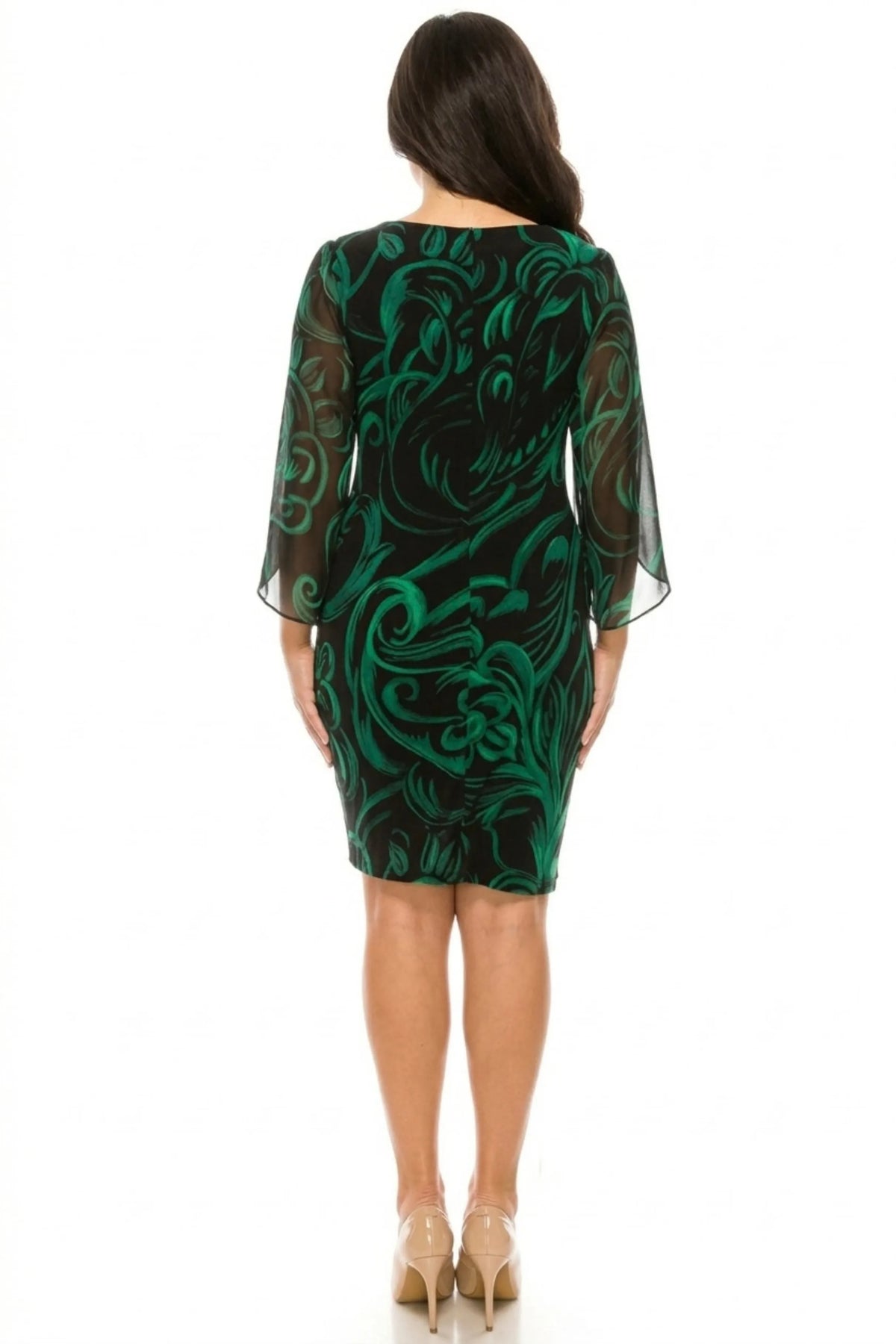 Connected Apparel Emerald Green Floral Sheath Dress with Sheer Chiffon Cape Sleeves