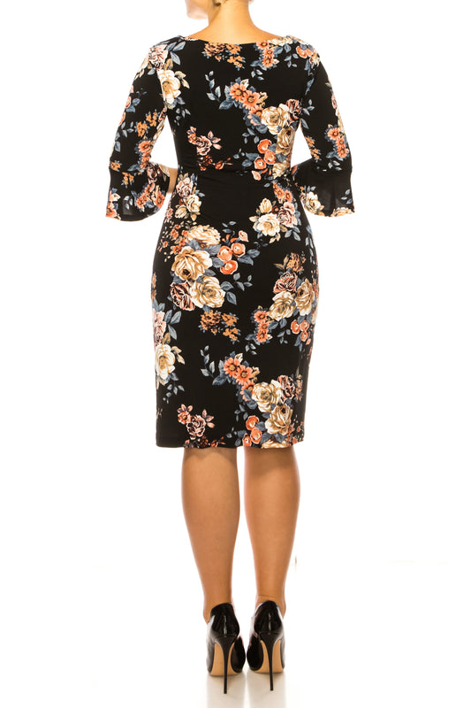 Connected Apparel Floral Side Pleated Sheath Dress
