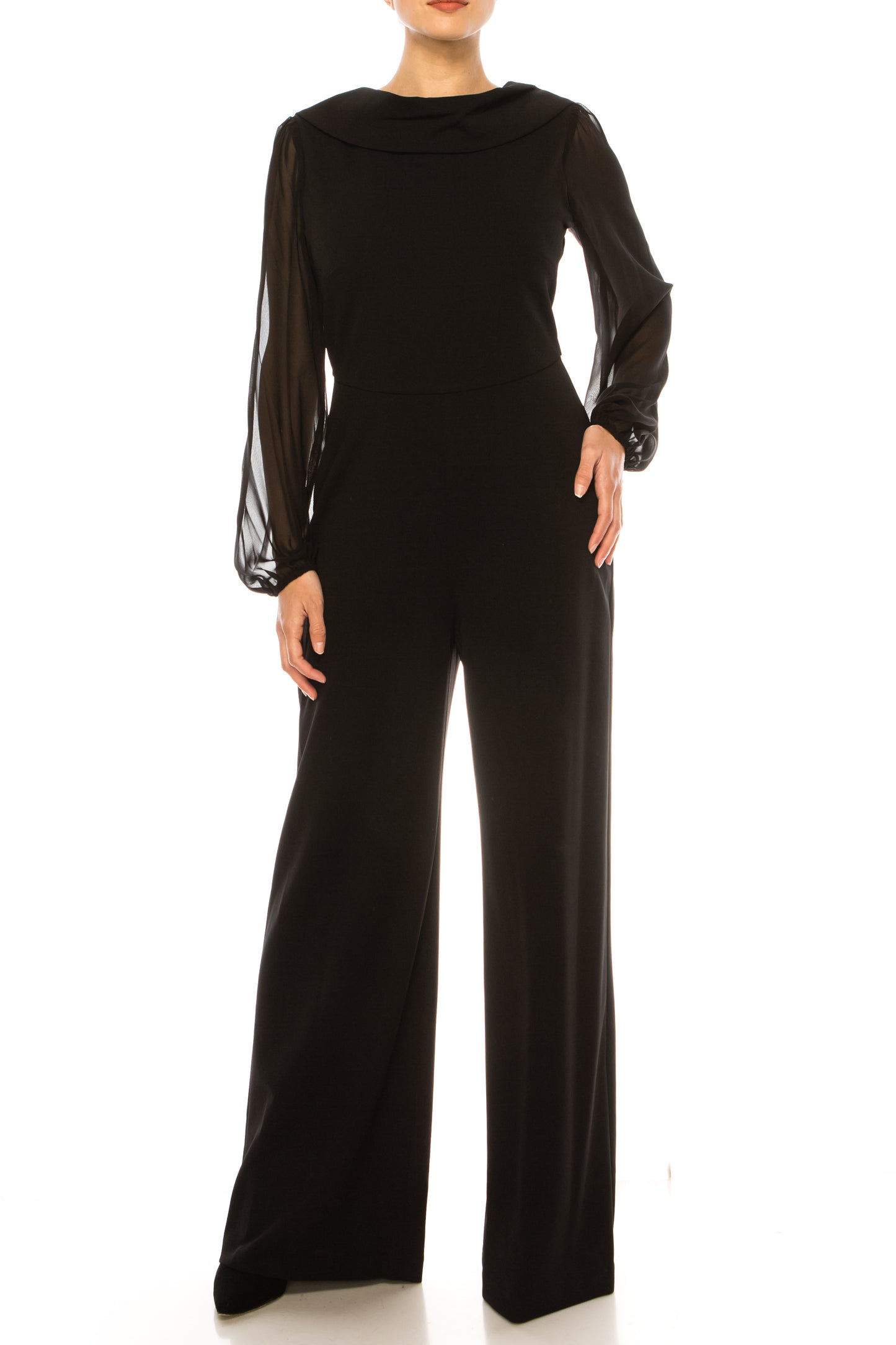 Connected Apparel Sheer Sleeve Wide Leg Jumpsuit