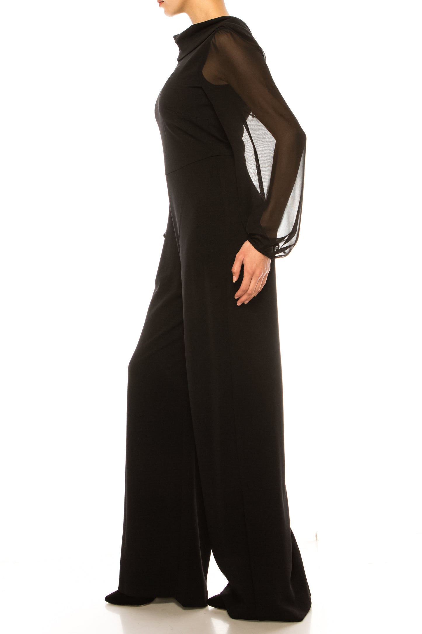Connected Apparel Sheer Sleeve Wide Leg Jumpsuit