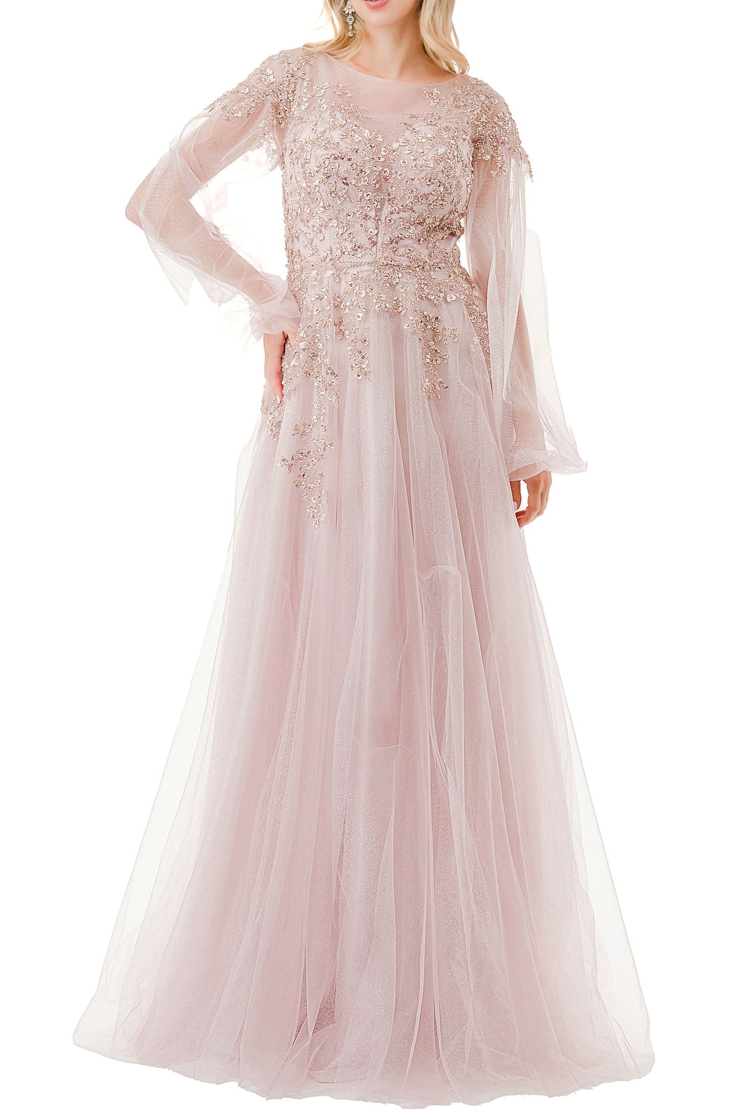 Coya Collection Long Sleeve Beaded Applique Dress