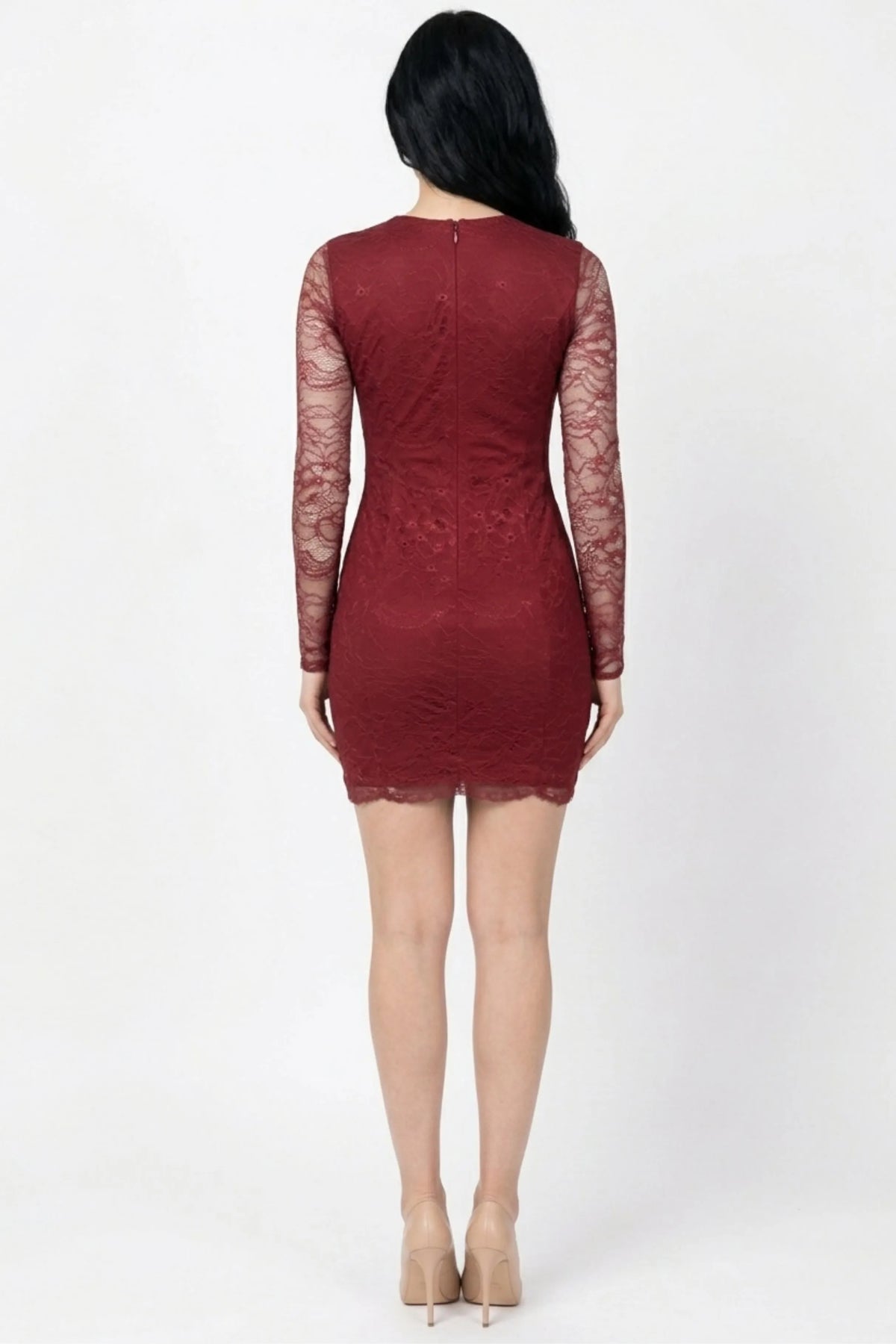 Cynthia Rowley Lace Plunging Illusion Long-Sleeve Bodycon Mini Dress