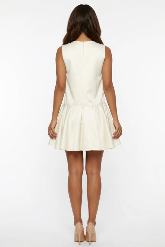 Cynthia Rowley Off-White Satin Drop-Waist Pleated Mini Dress