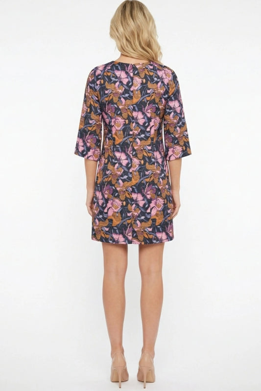 Cynthia Rowley Navy Multi Floral Jacquard 3/4 Sleeve Shift Dress