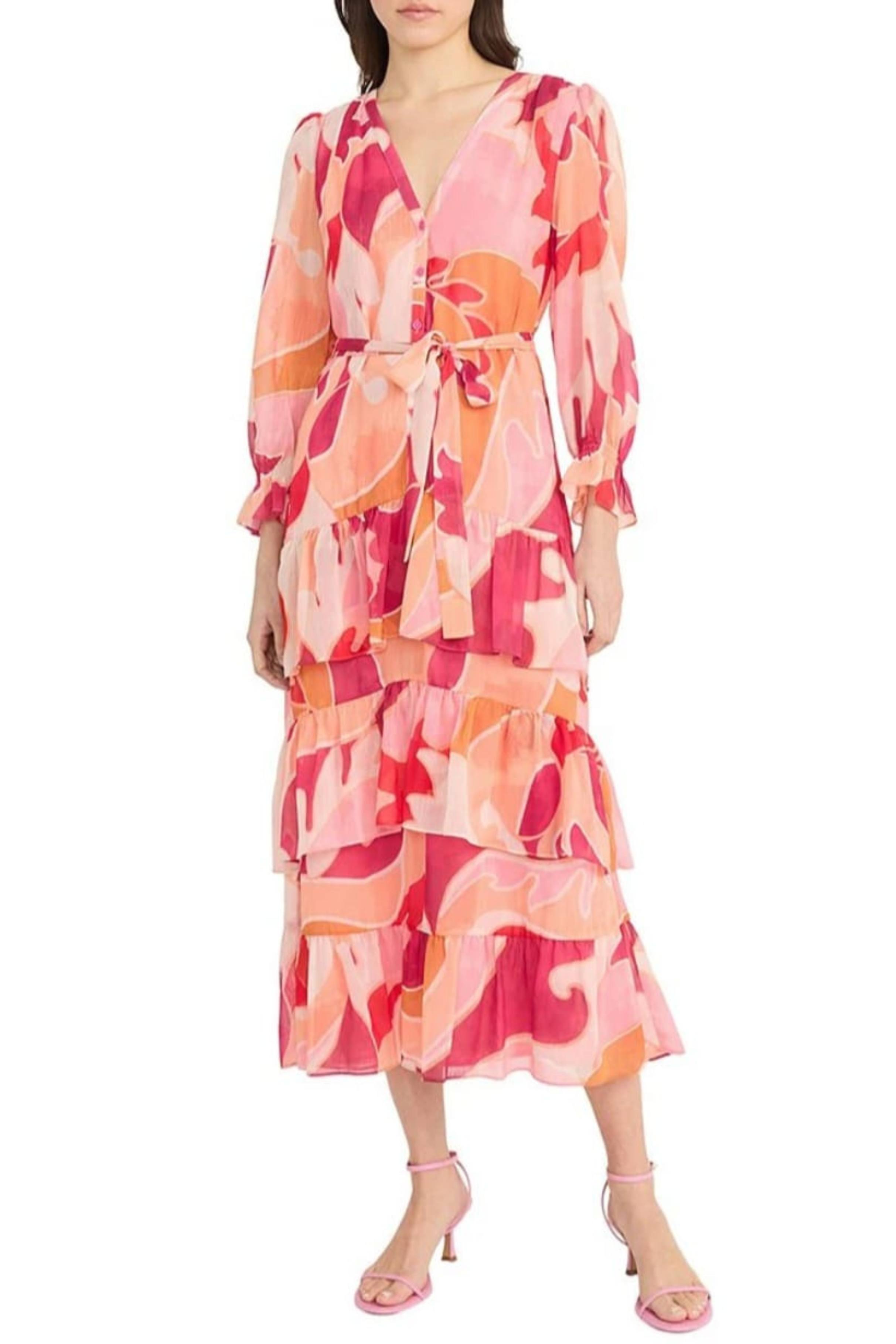 Donna Morgan Multi Print Tiered Ruffle Maxi Dress  New Yorker's Apparel