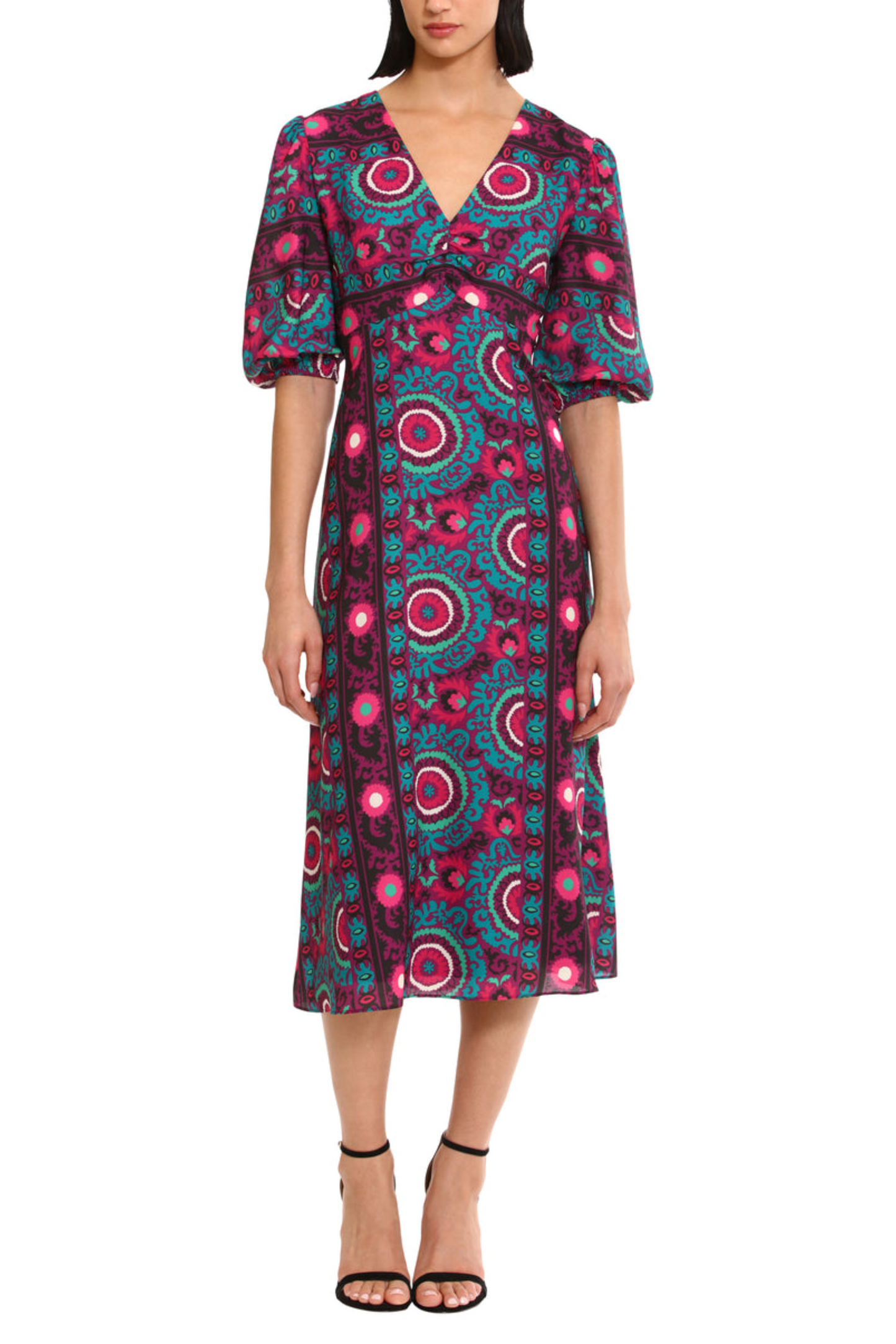 Donna Morgan Floral Puff Sleeve A-Line Midi Dress