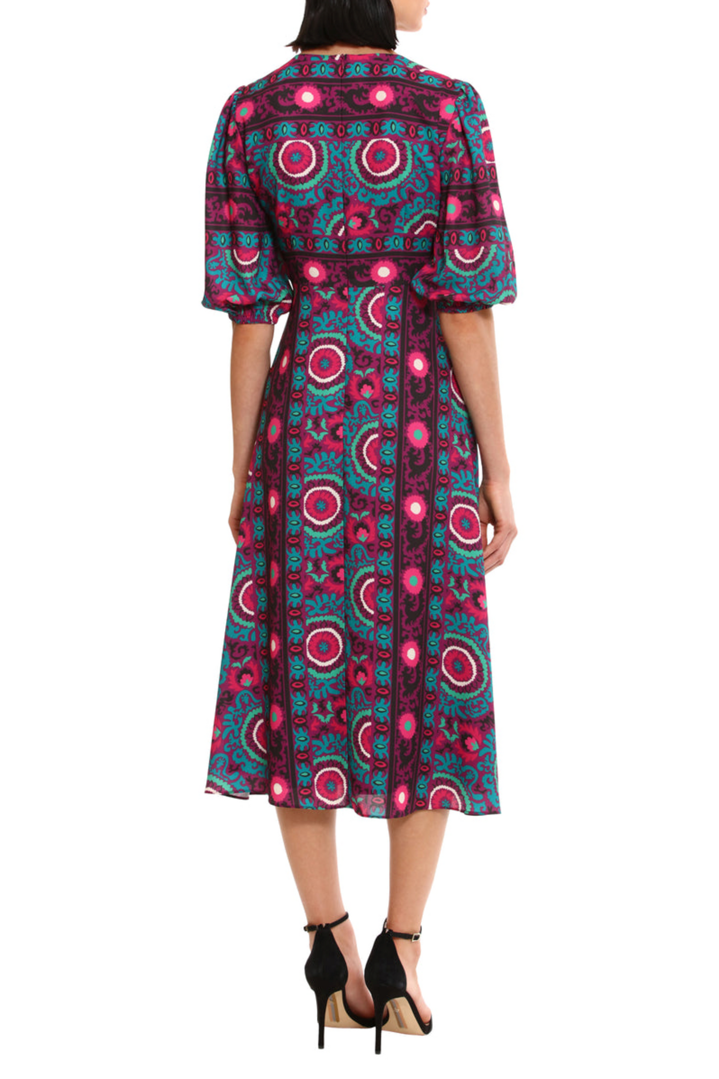 Donna Morgan Floral Puff Sleeve A-Line Midi Dress