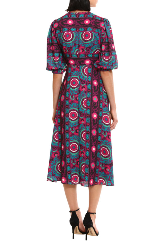 Donna Morgan Floral Puff Sleeve A-Line Midi Dress