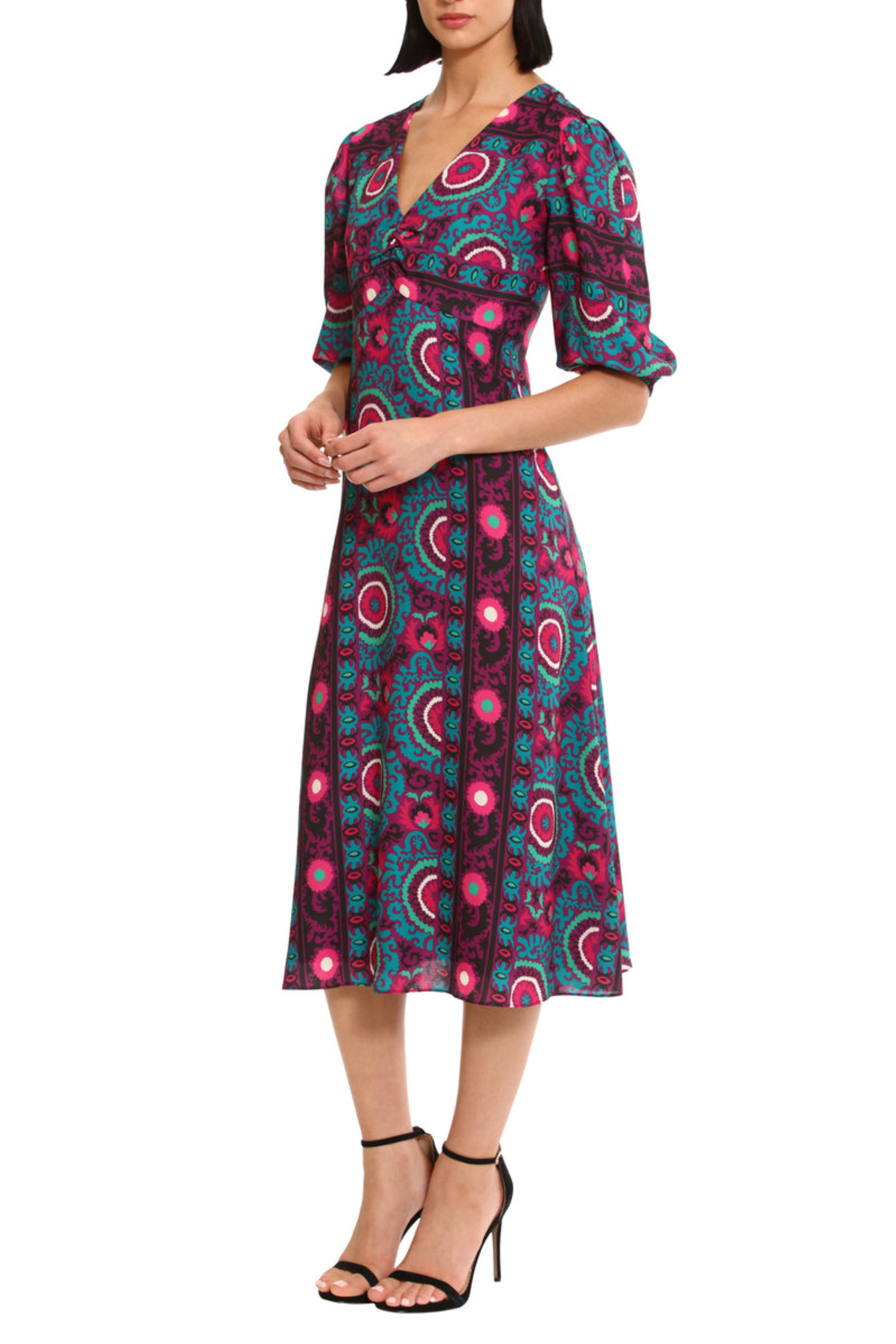 Donna Morgan Floral Puff Sleeve A-Line Midi Dress