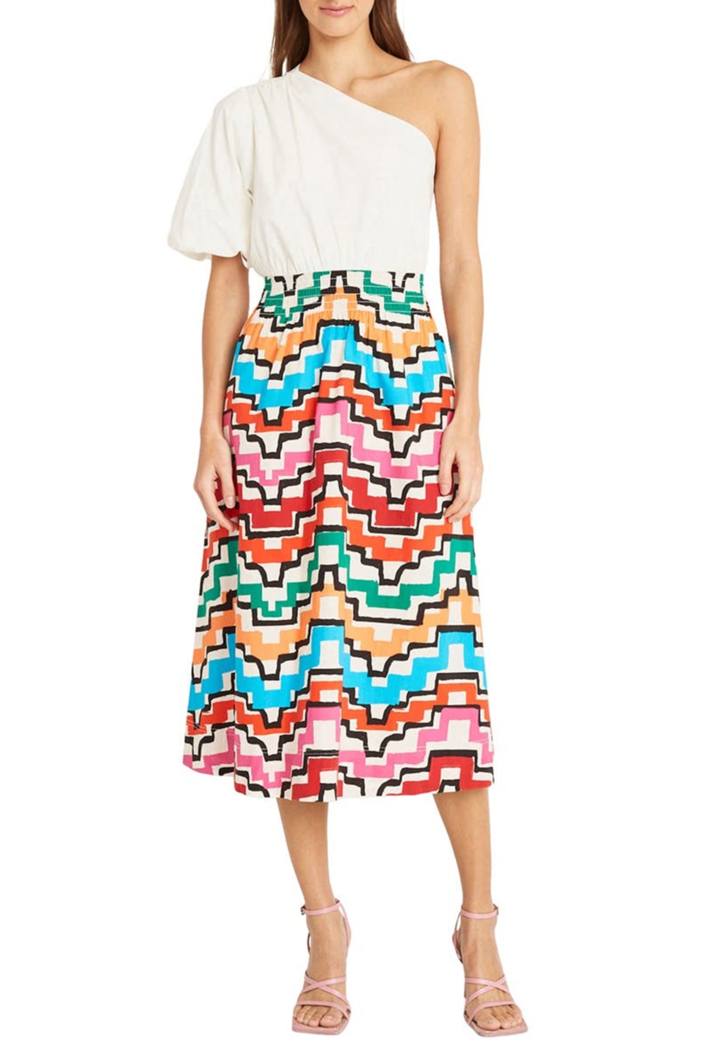 Donna Morgan Contrast Print One-Shoulder Dress