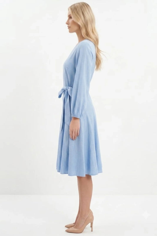 Vivid Long Sleeve Belted Godet Skirt Flared Dress