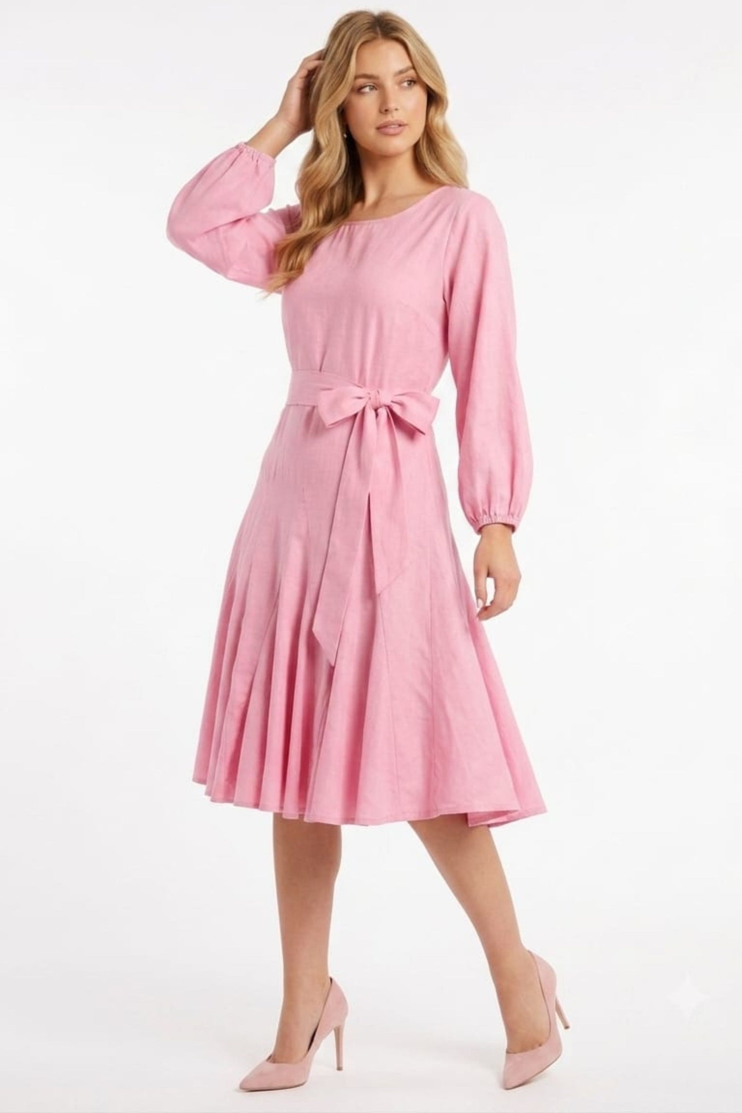 Vivid Long Sleeve Belted Godet Skirt Flared Dress