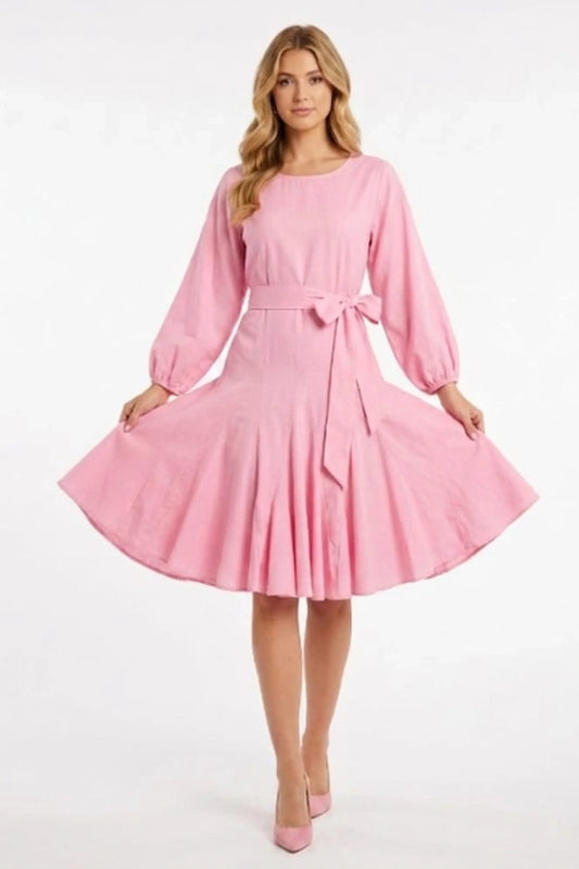Vivid Long Sleeve Belted Godet Skirt Flared Dress
