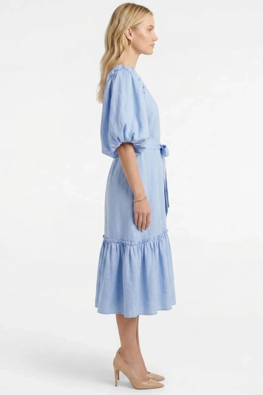 Vivid Short Puff Sleeve Belted Tiered Skirt Dress