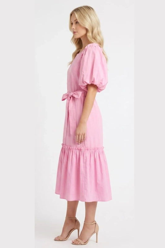 Vivid Short Puff Sleeve Belted Tiered Skirt Dress