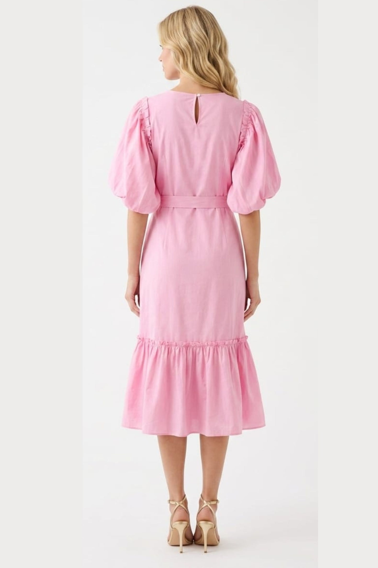 Vivid Short Puff Sleeve Belted Tiered Skirt Dress