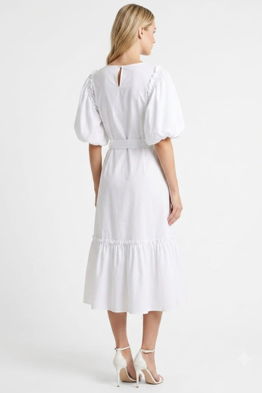Vivid Short Puff Sleeve Belted Tiered Skirt Dress