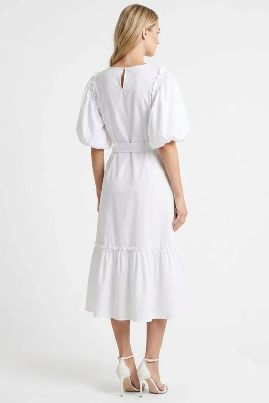Vivid Short Puff Sleeve Belted Tiered Skirt Dress