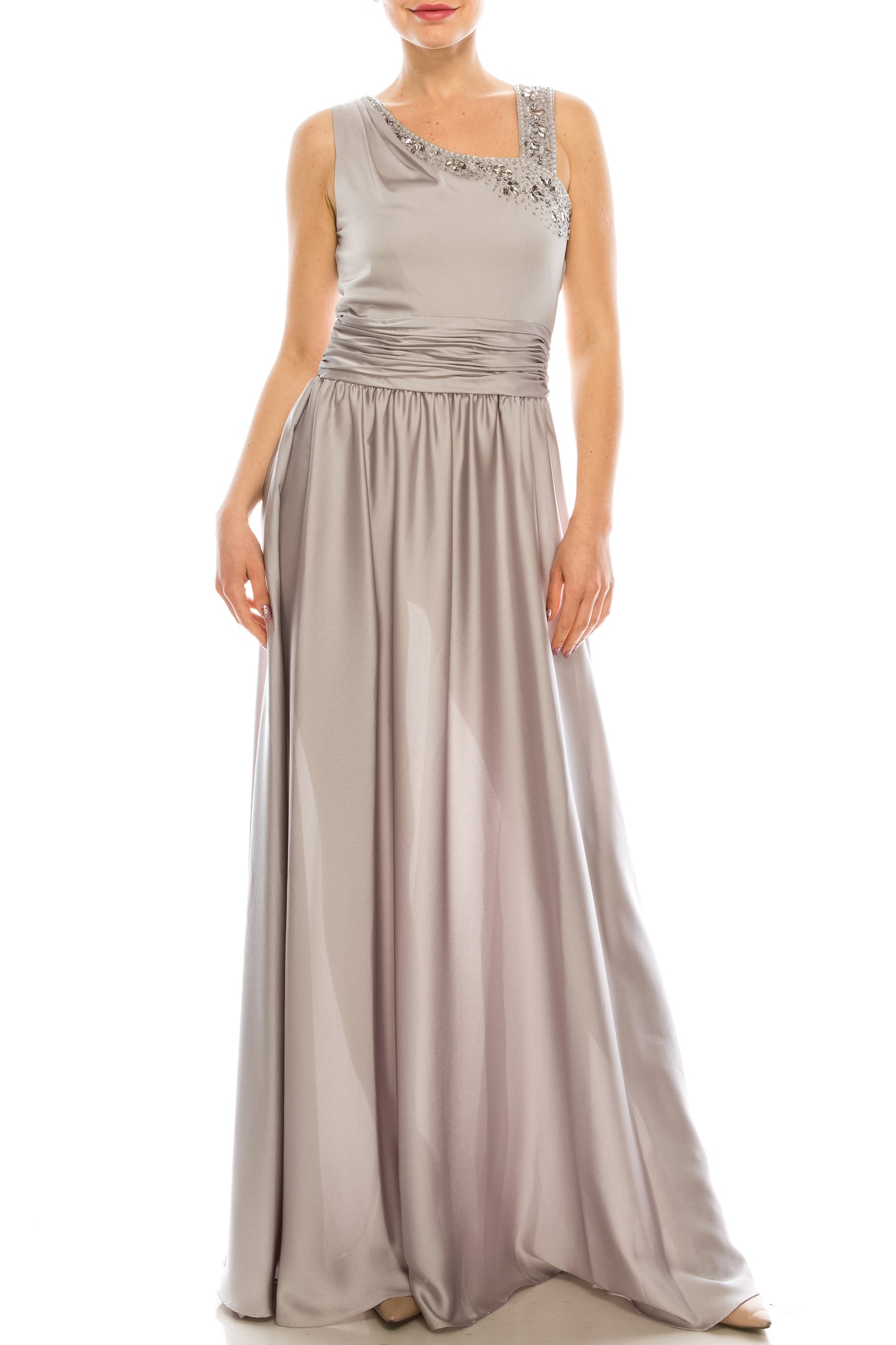 Decode 18 Beaded Asymmetrical Neckline Satin Dress