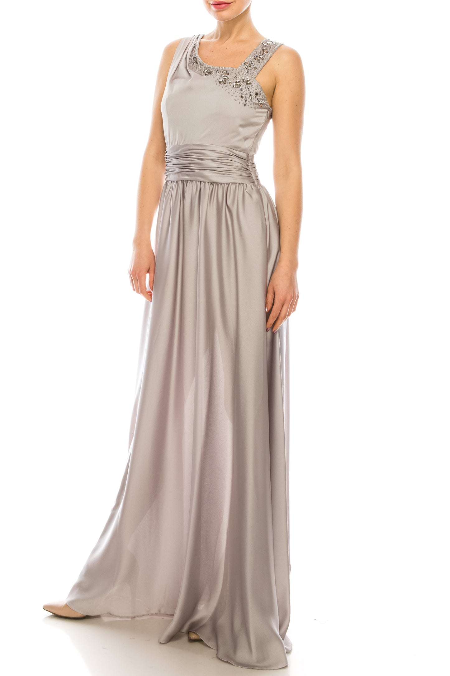 Decode 18 Beaded Asymmetrical Neckline Satin Dress