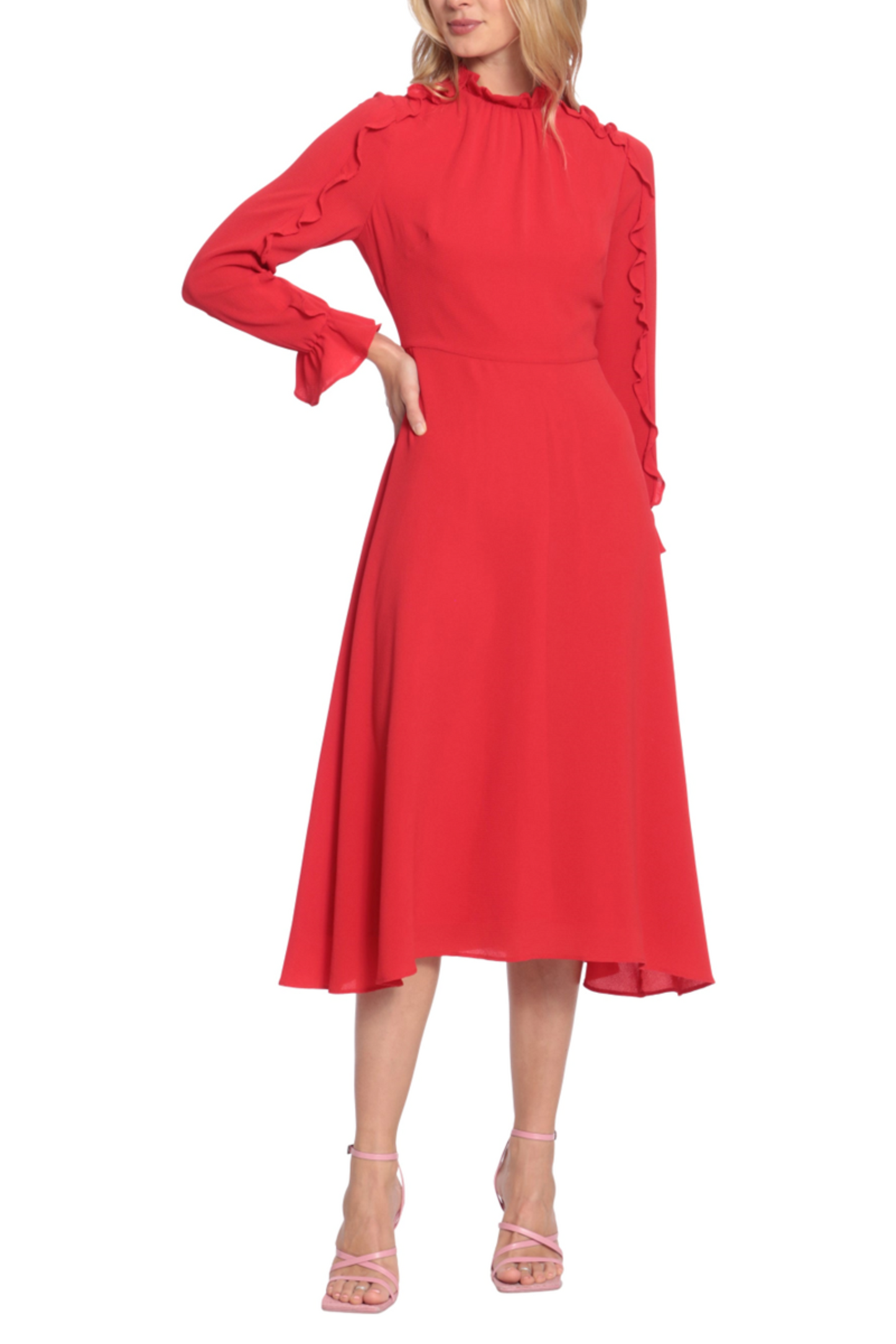 Donna Morgan Ruffle Long Sleeve A-line Midi Dress