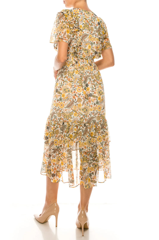 Donna Morgan Orange Multi Floral Print Short Sleeve Midi Dress