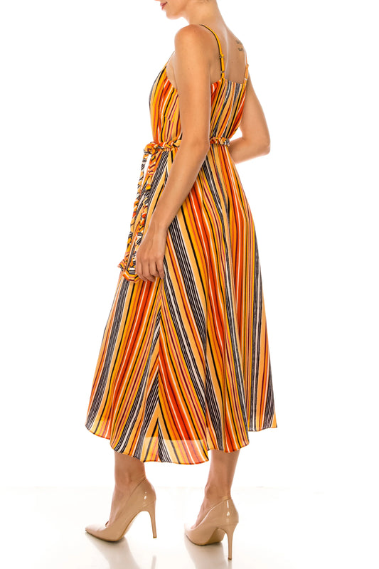 Donna Morgan Soft White Orange Spaghetti Strap Striped Midi Dress