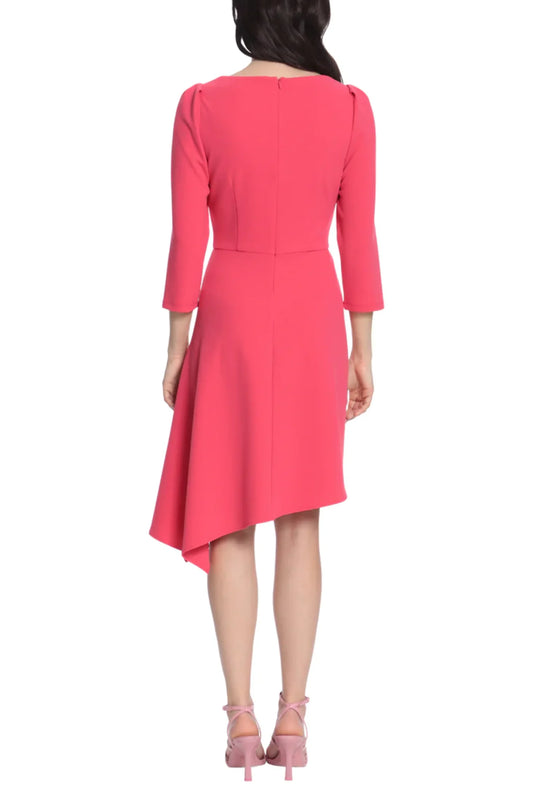 Back view of a woman wearing a bright pink asymmetrical midi evening dress and pink heels