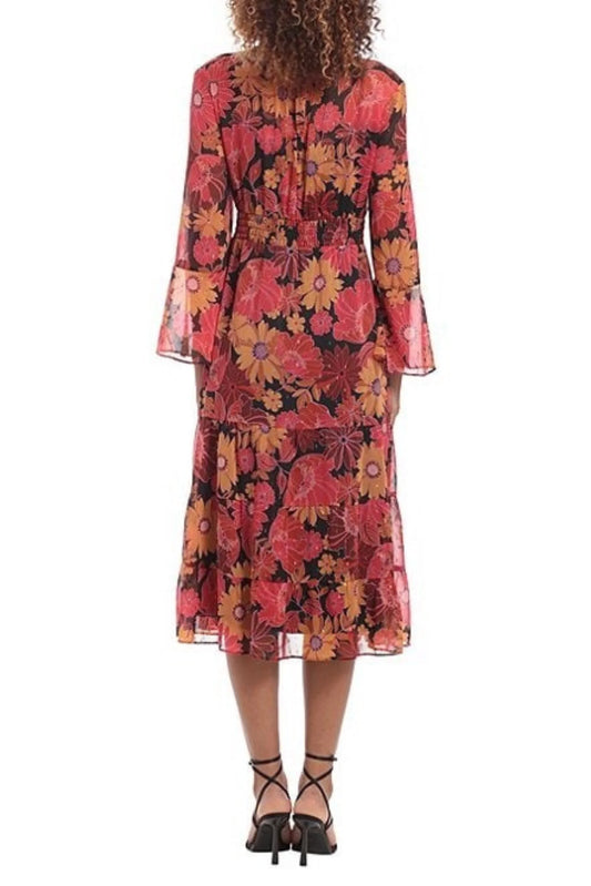 Donna Morgan Floral Mock Neck Tiered Ruffle A-Line Midi Dress