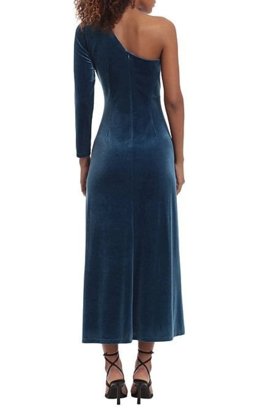 Donna Morgan Velvet One Shoulder Embellished Front Slit Midi Dress