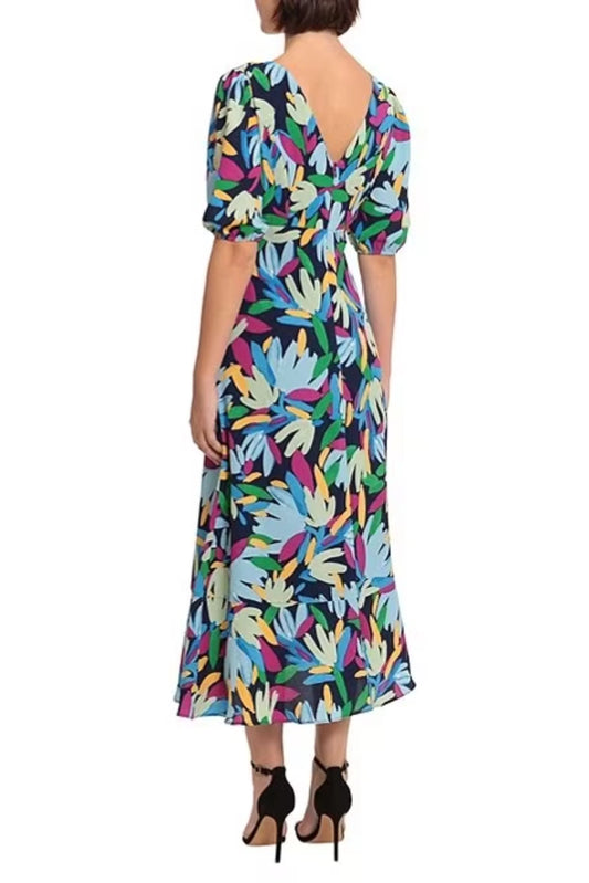 Donna Morgan Short Sleeve Leaf Print Midi Dress