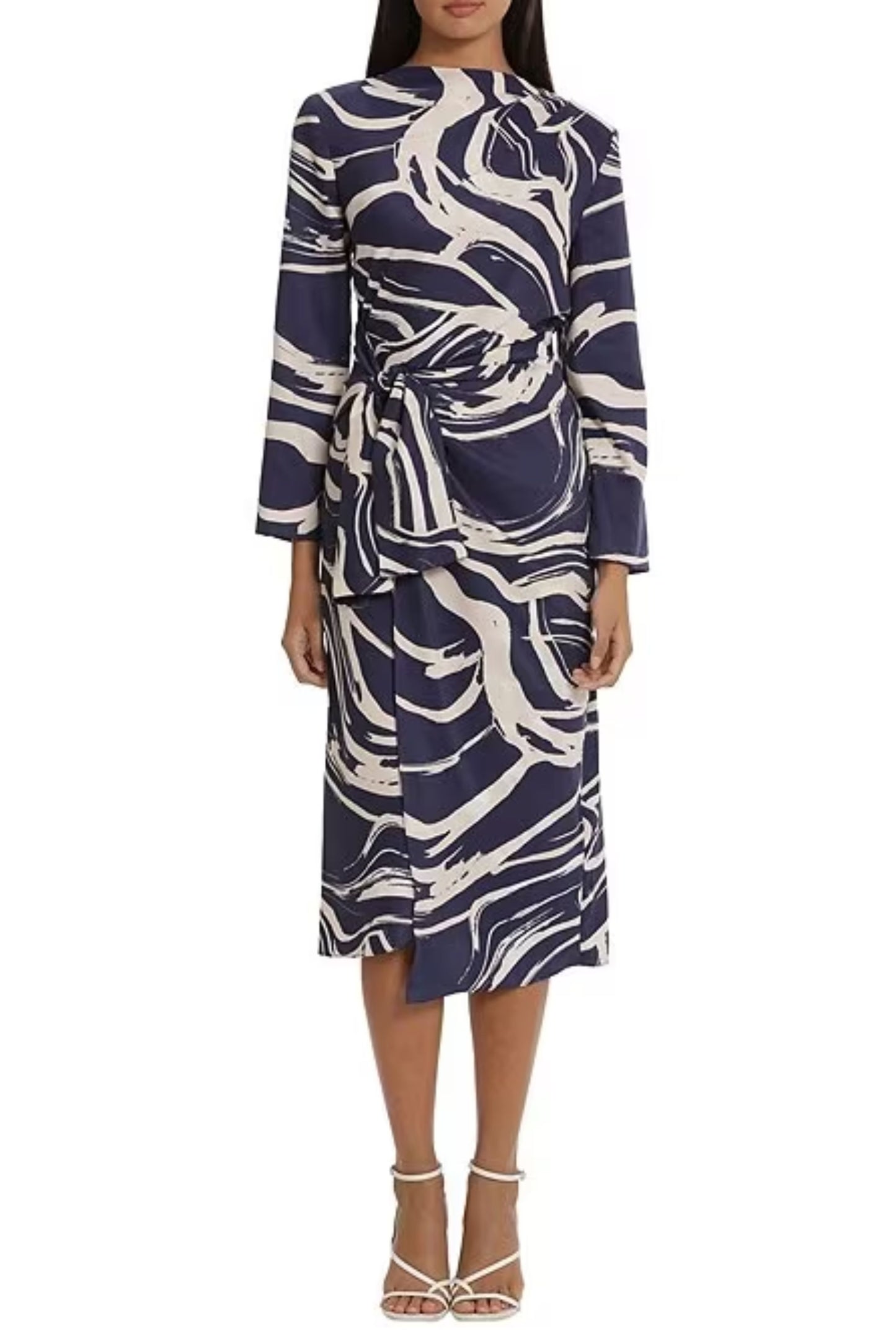 Donna Morgan Tied Waist Marble Print Midi Dress