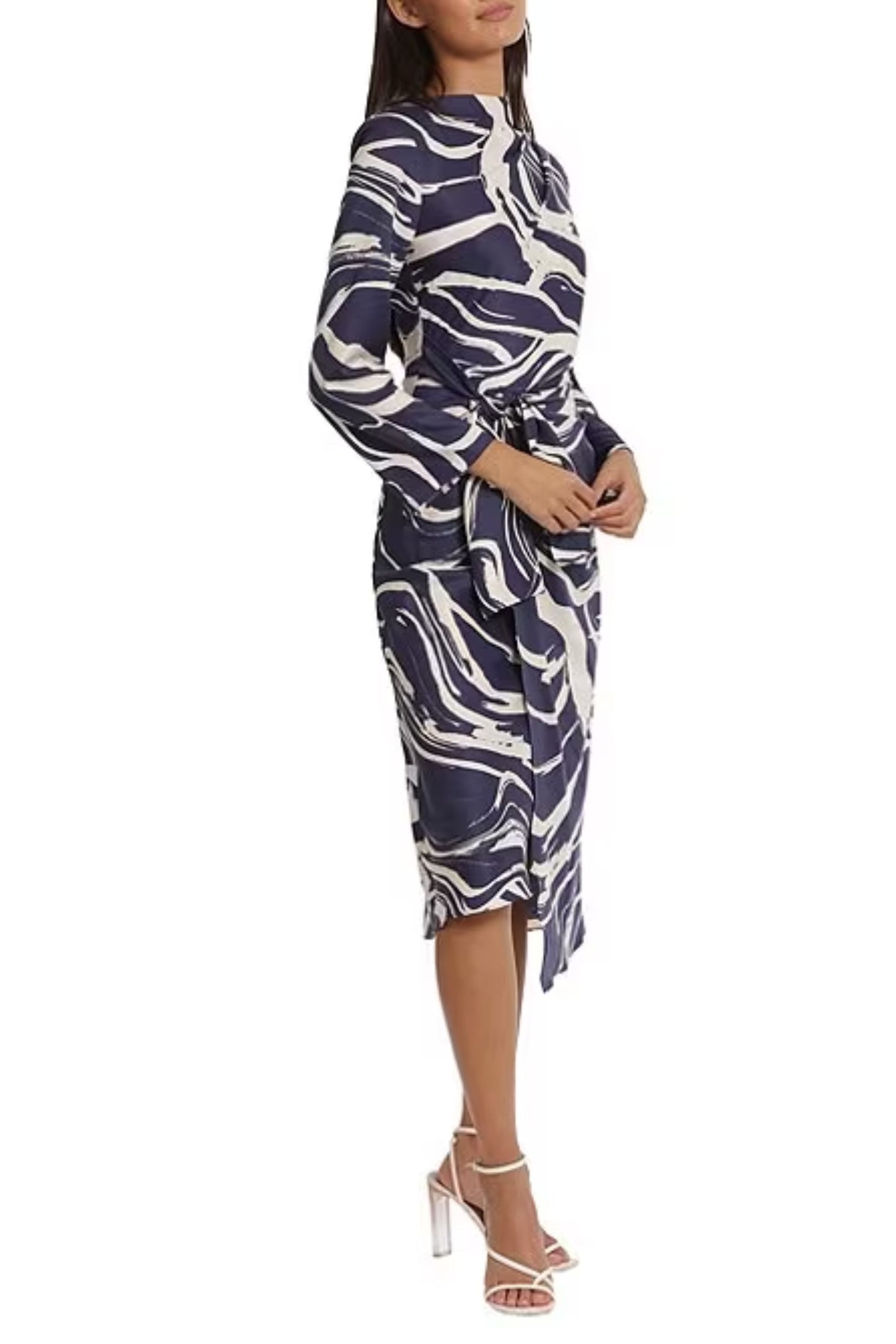 Donna Morgan Tied Waist Marble Print Midi Dress