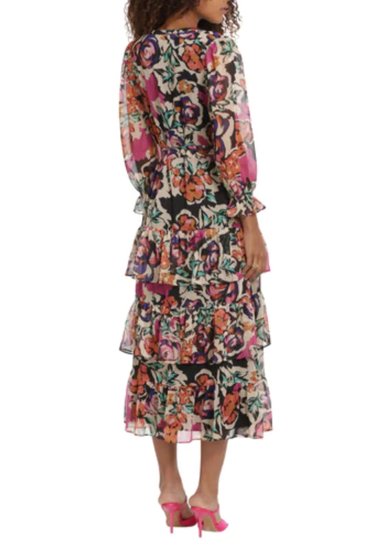 Donna Morgan Long Sleeve Floral Tiered Midi Dress