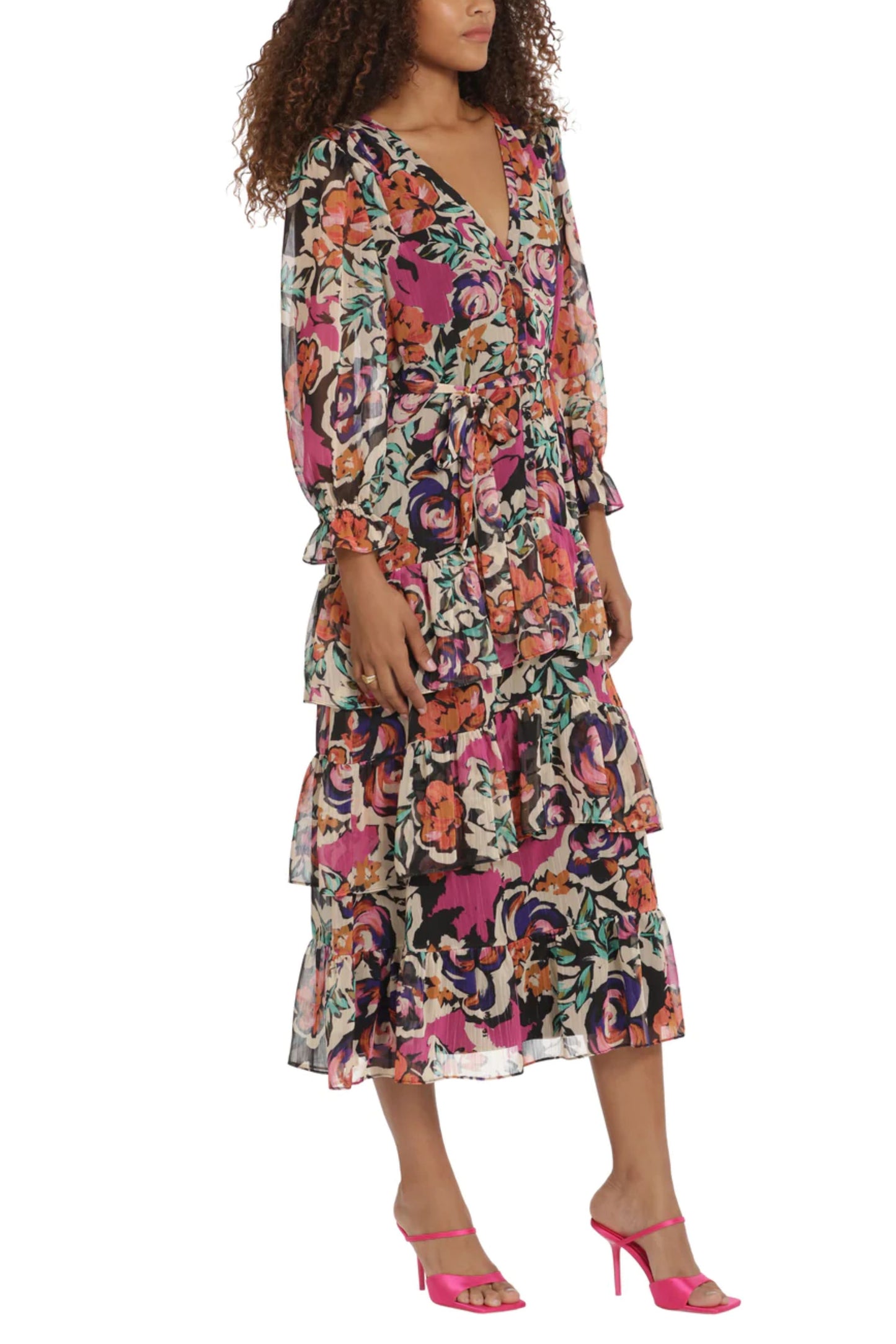 Donna Morgan Long Sleeve Floral Tiered Midi Dress