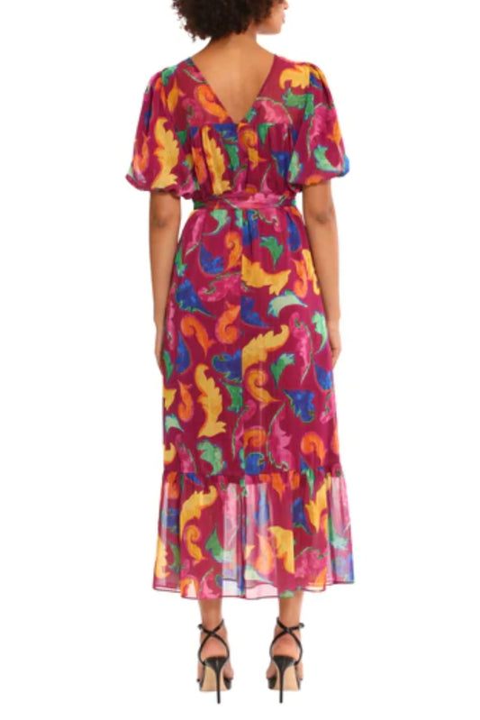 Donna Morgan Puff Sleeve Belted Ruffled Hem Dress