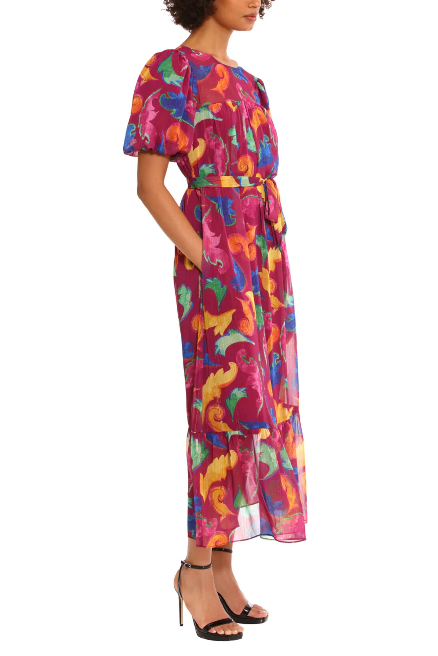 Donna Morgan Puff Sleeve Belted Ruffled Hem Dress