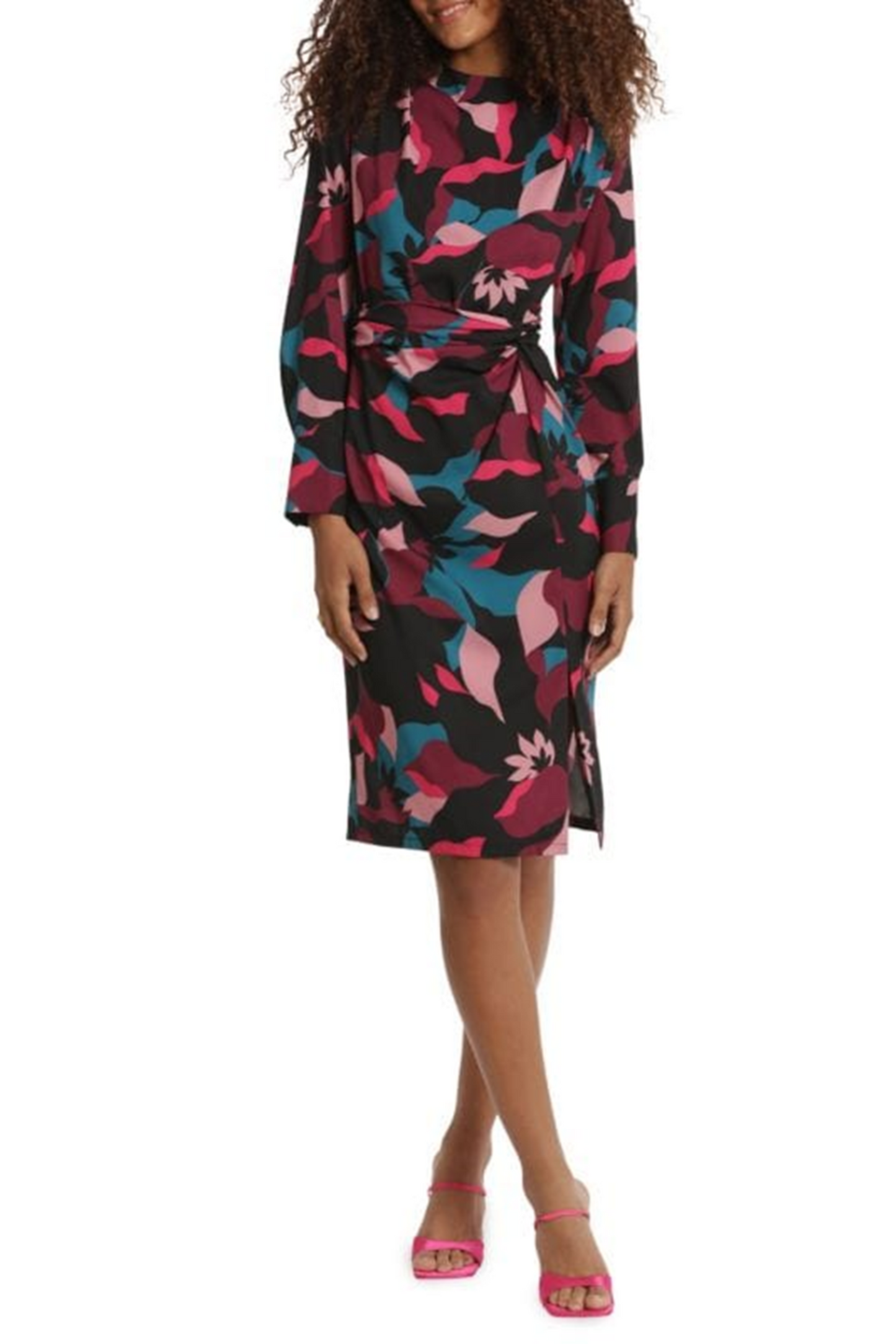 Donna Morgan Long Sleeve Floral Twisted-Knot Dress