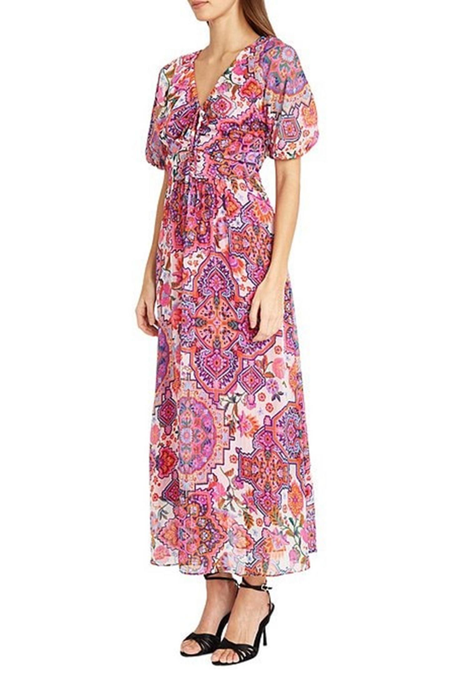 Donna Morgan Short Sleeve Floral Print Maxi Dress