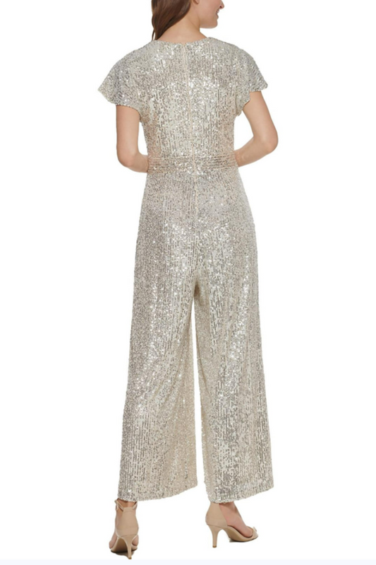 Eliza J Short Sleeve Wide Leg Sequined Jumpsuit