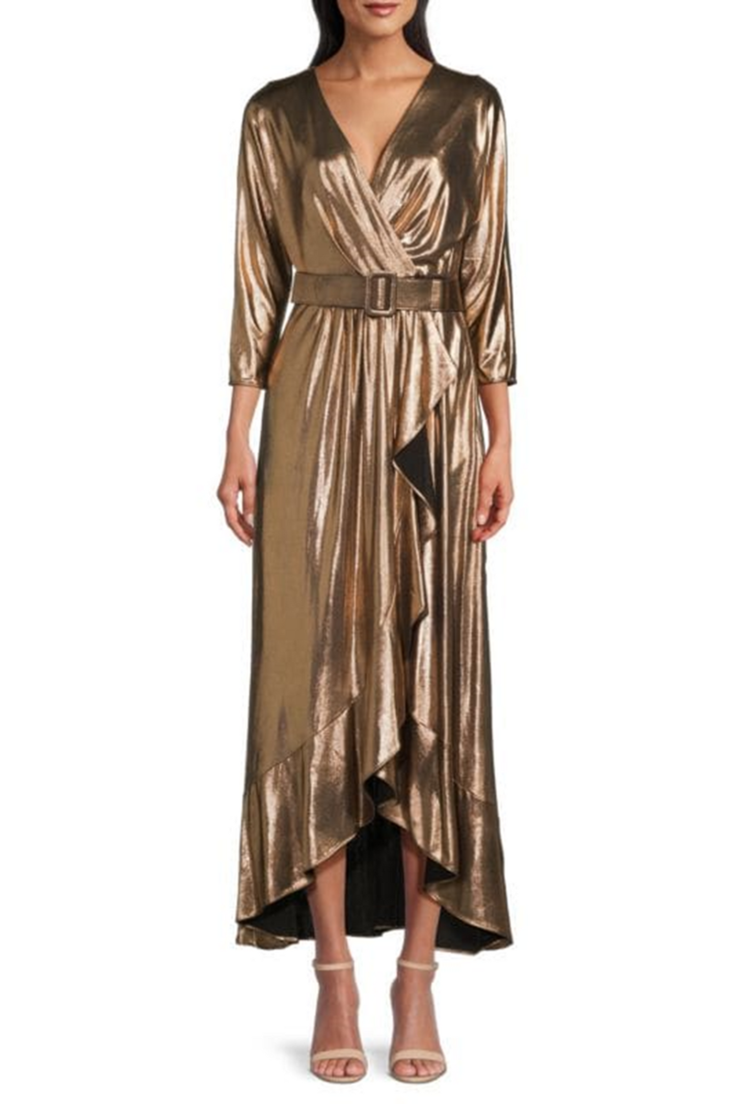 Eliza J Belted 3/4 Sleeve Metallic Evening Dress