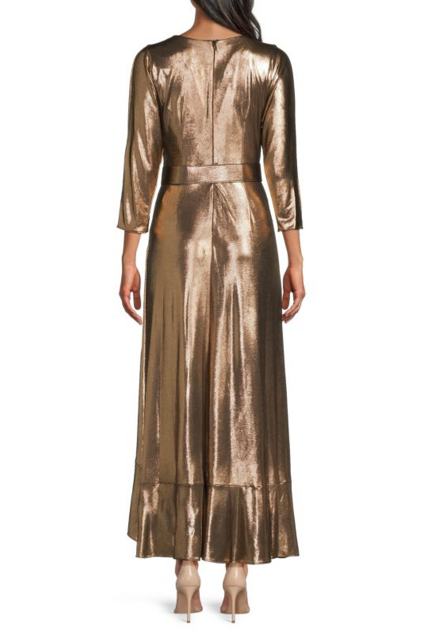 Eliza J Belted 3/4 Sleeve Metallic Evening Dress