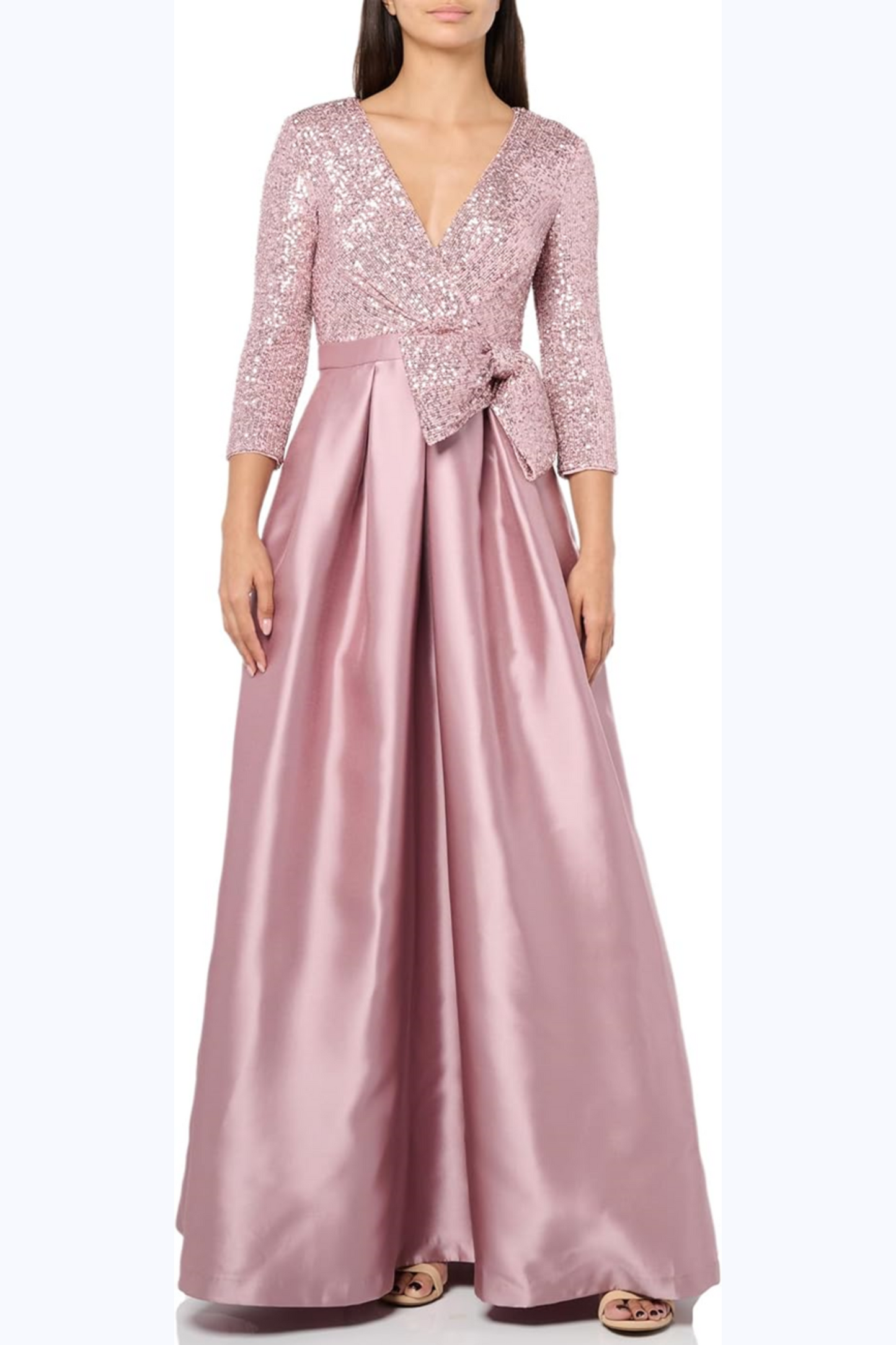 Eliza J Sequined 3/4 Sleeve Side Bow Evening Gown