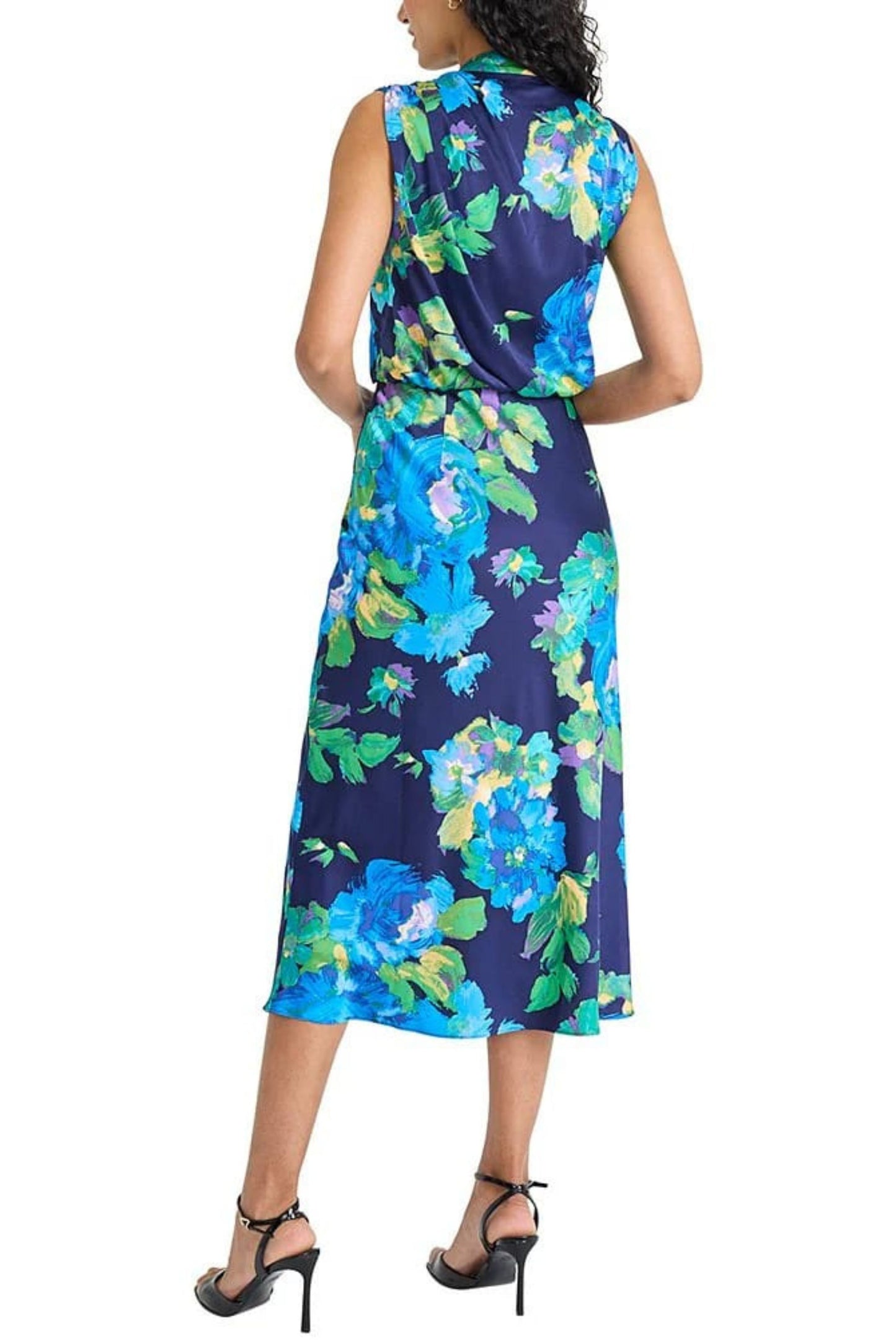 Maggy London Navy Blue Floral Mock Neck Midi Dress