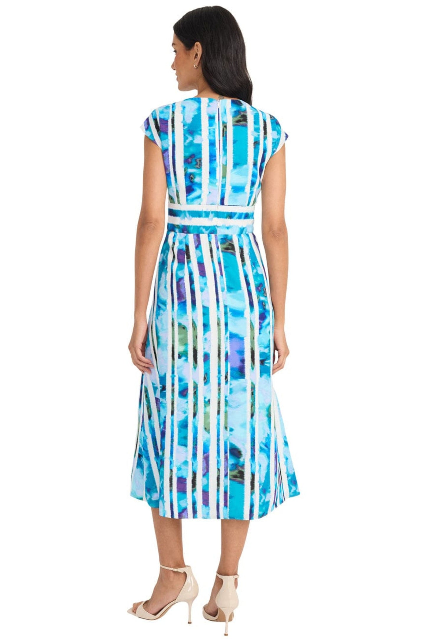 Maggy London White Blue Striped Floral Midi Dress