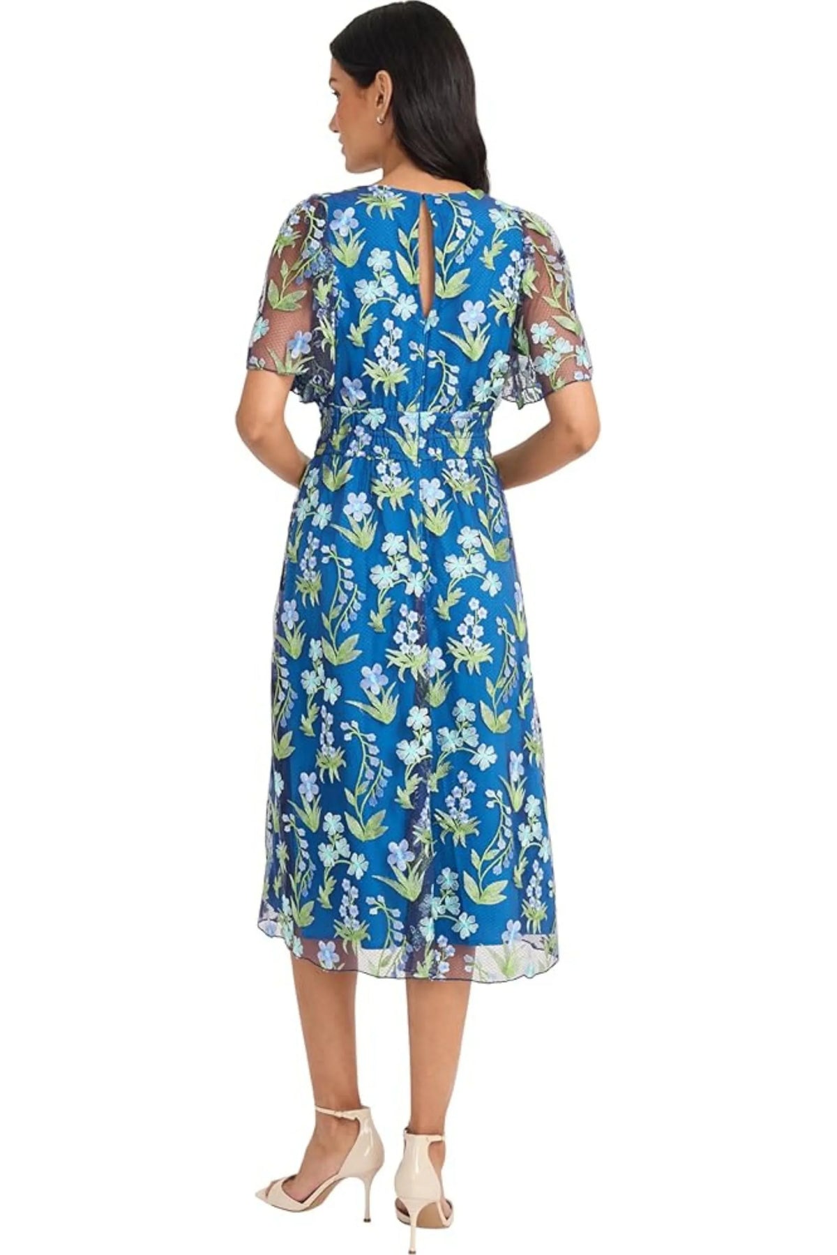 Maggy London Blue Green Floral Embroidered Mesh Midi Dress