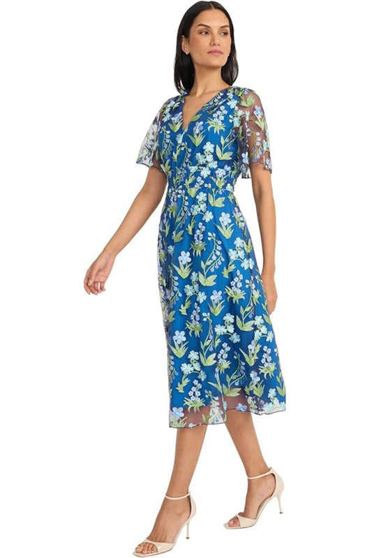 Maggy London Blue Green Floral Embroidered Mesh Midi Dress